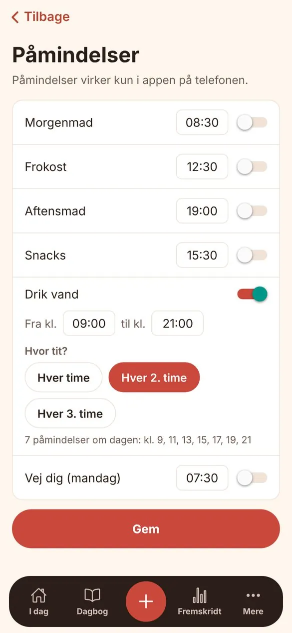 Påmindelser i Kalora om måltider og vand