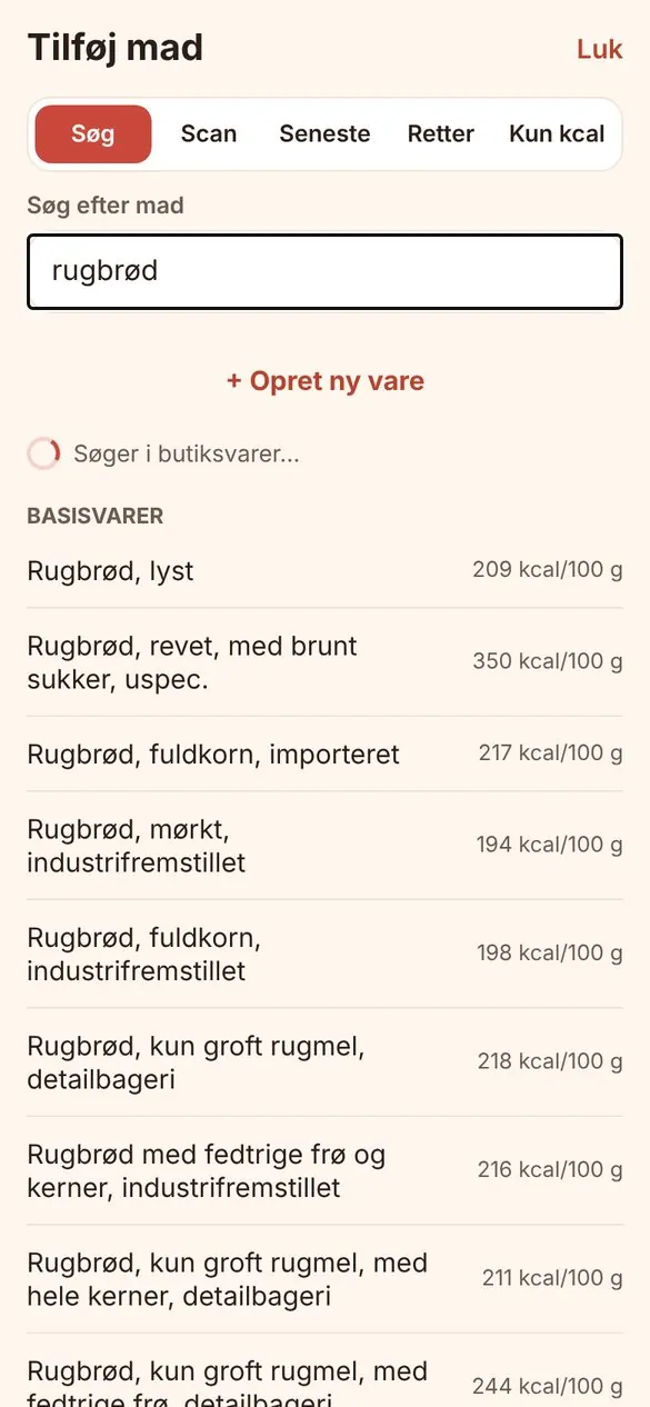 Søgning efter rugbrød i Kalora med danske basisvarer